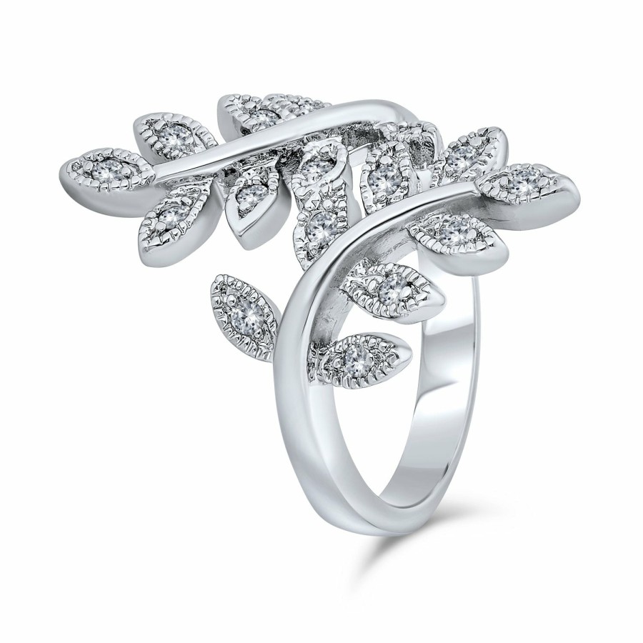 Shop Women Bling Jewelry Unique Rings | Nature Ivy Vine Leaf Ring For Women Pave Cz Bypass Silver Plated Brass