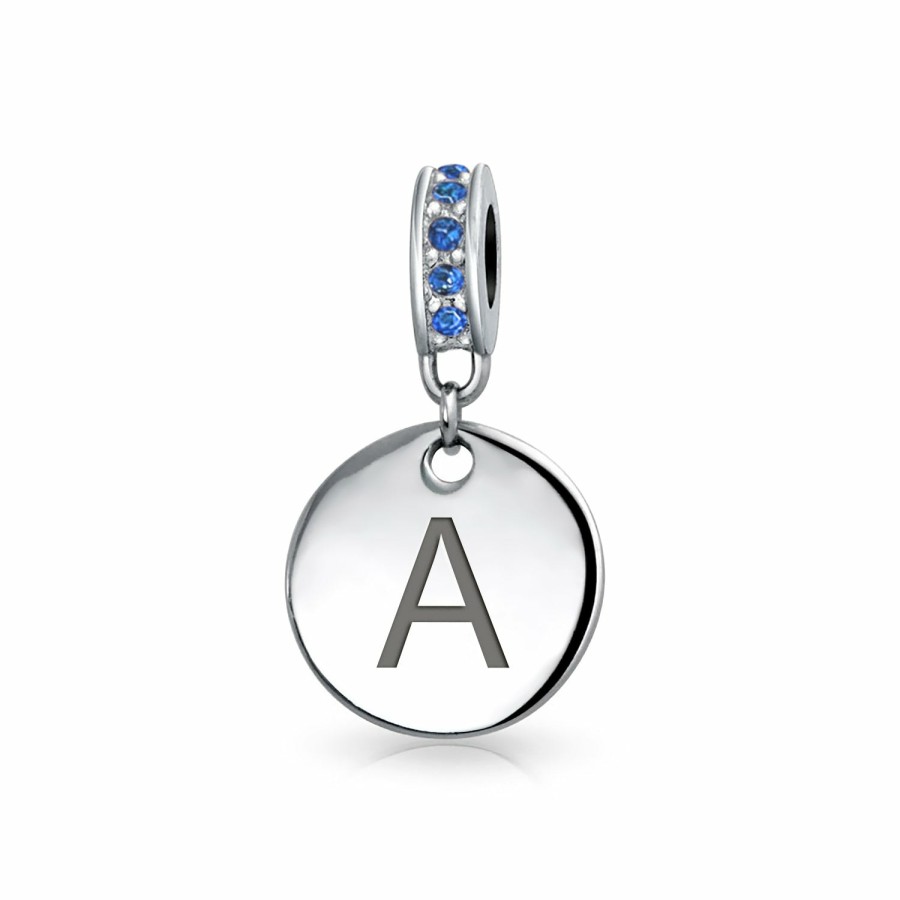 Shop Women Bling Jewelry Love Heart Beads | Blue Crystal Alphabet Initials Disc Dangle Circle Charm .925 Silver