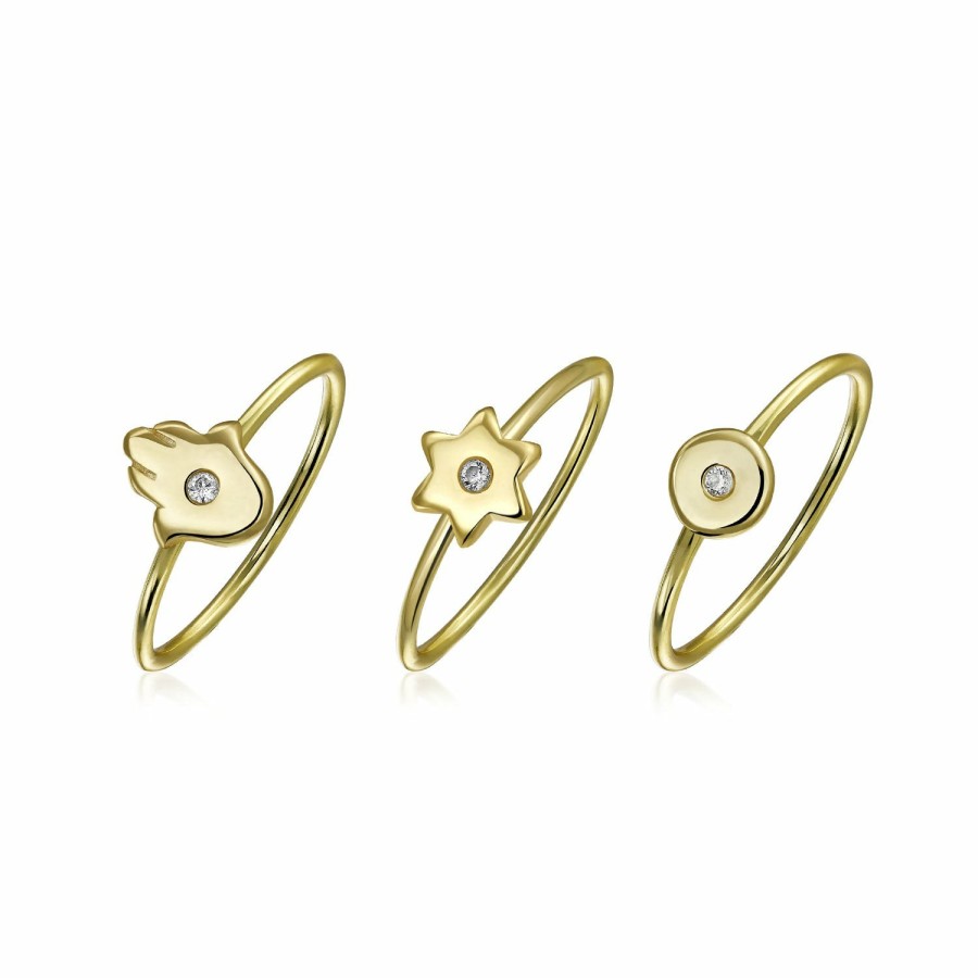 Shop Women Bling Jewelry Delicate Midi Rings | Tiny Cz Gold Plated Sterling Silver Midi Star Hamsa Hand Ring Set