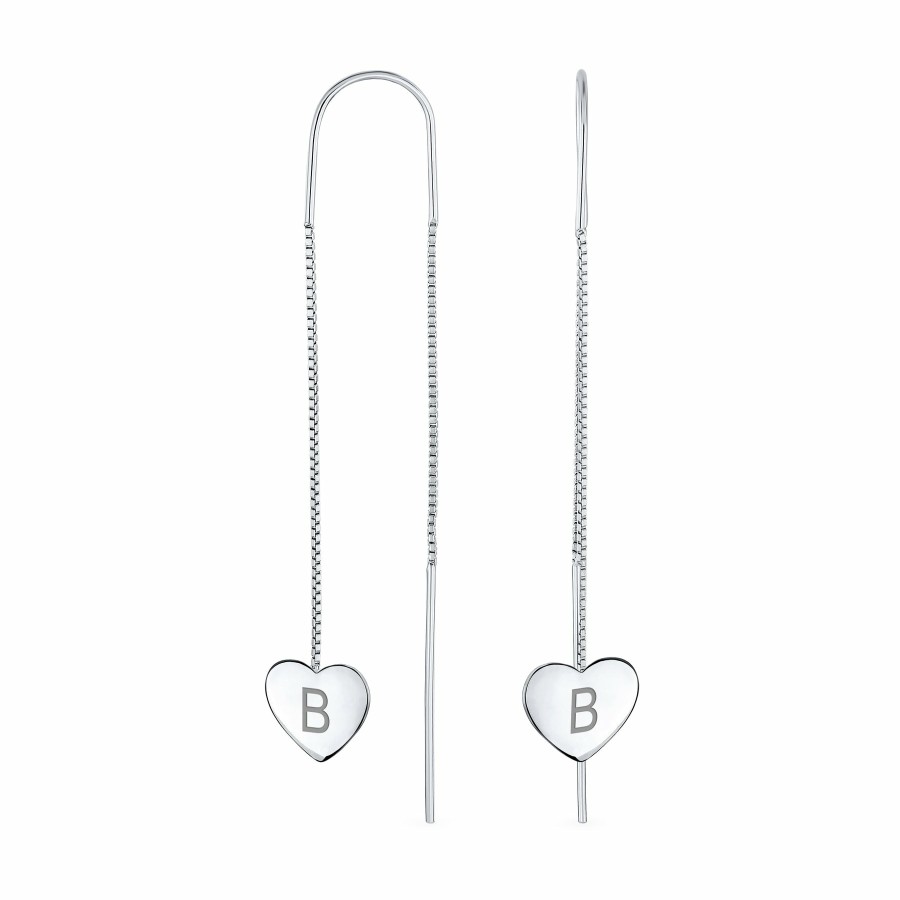 Shop Women Bling Jewelry Abc Initial | Initial Long Flat Heart Chain Threader Earrings .925Sterling