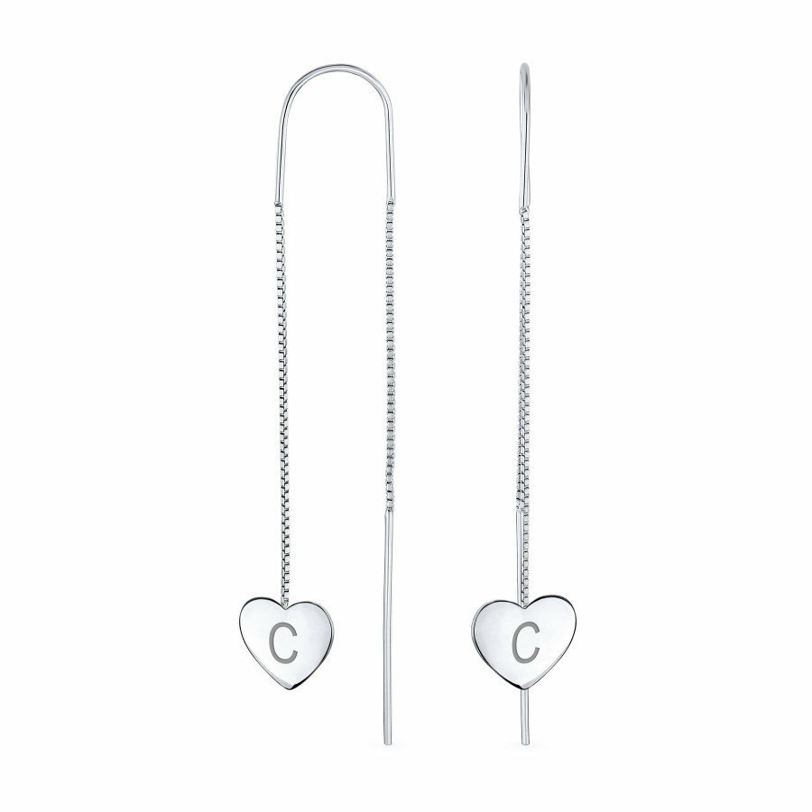 Shop Women Bling Jewelry Abc Initial | Initial Long Flat Heart Chain Threader Earrings .925Sterling