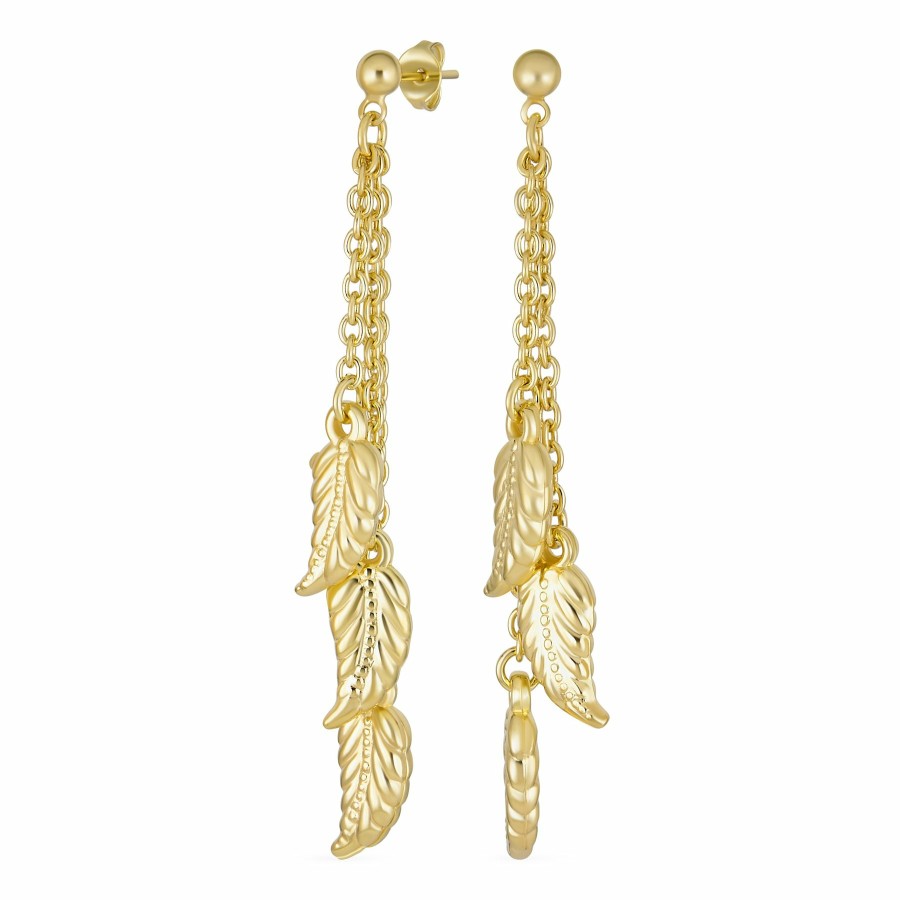 Shop Women Bling Jewelry Dangle Drop Earrings | Western Jewelry Long Multi Leaf Feather Chain Dangle Earrings Gold