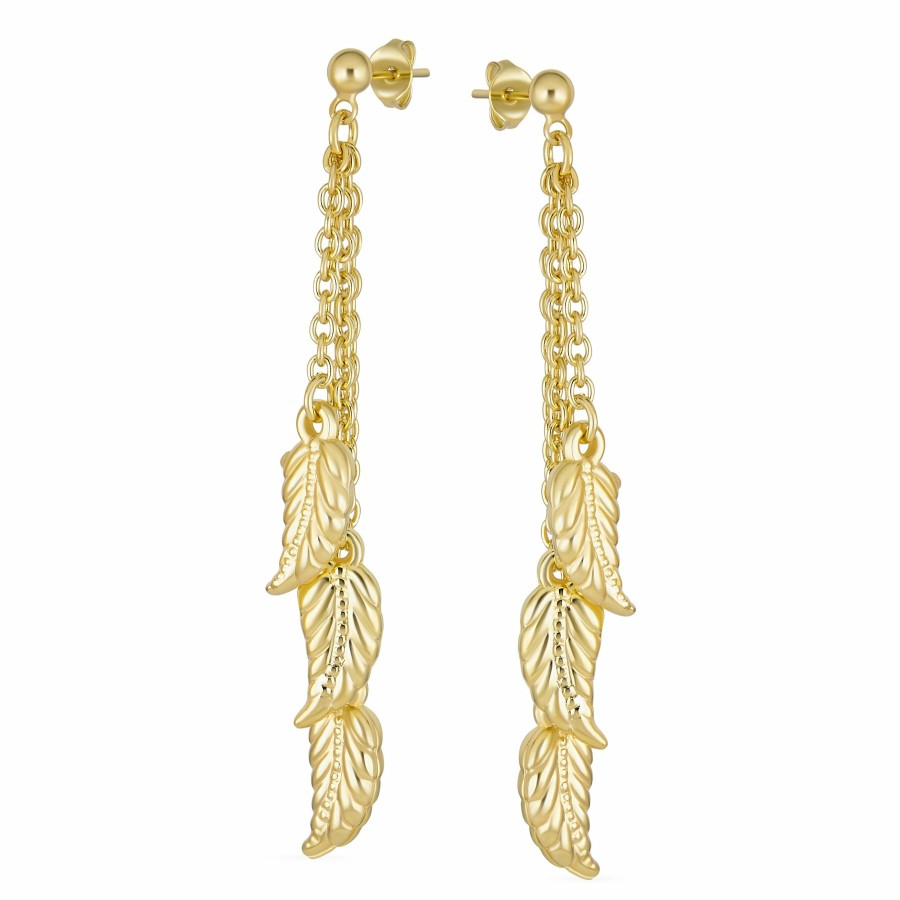 Shop Women Bling Jewelry Dangle Drop Earrings | Western Jewelry Long Multi Leaf Feather Chain Dangle Earrings Gold