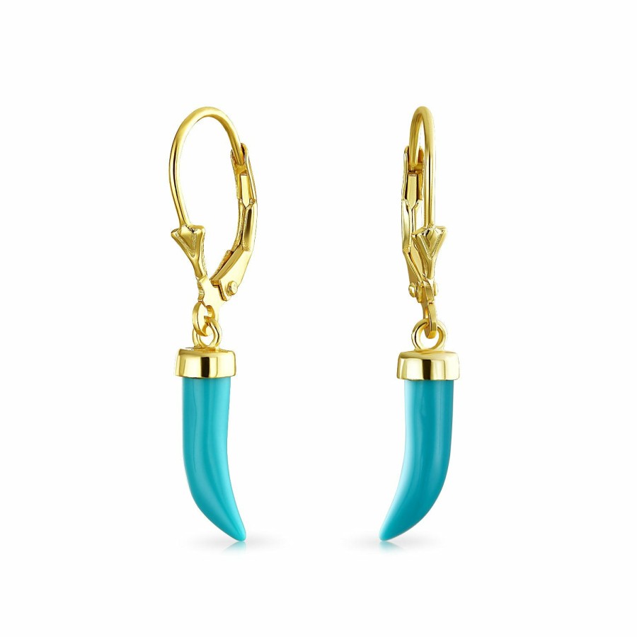 Shop Women Bling Jewelry Dangle Drop Earrings | Horn Tooth Turquoise Dangle Western Earrings Gold Plated .925 Silver