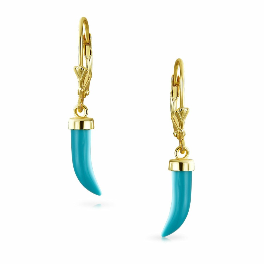 Shop Women Bling Jewelry Dangle Drop Earrings | Horn Tooth Turquoise Dangle Western Earrings Gold Plated .925 Silver