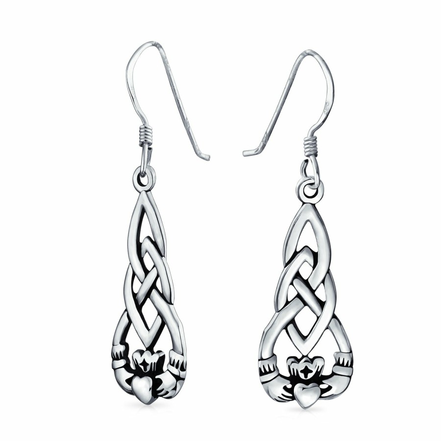 Shop Women Bling Jewelry Dangle Drop Earrings | Friendship Bff Heart Irish Celtic Claddagh Dangle Earrings .925 Fish Hook