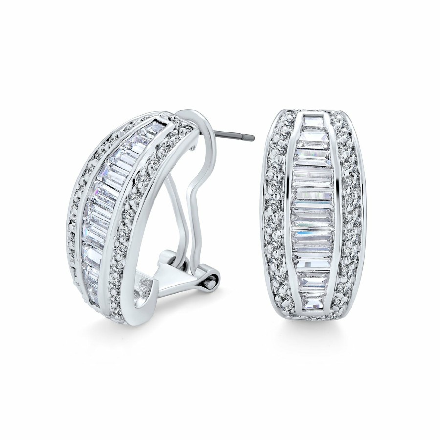 Shop Women Bling Jewelry Hoops Huggies Earrings | Bridal Baguette Cz Half Hoop Earrings Omega Back Clip Silver Plated