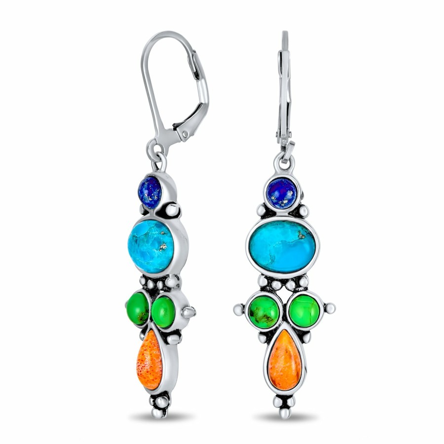 Shop Women Bling Jewelry Dangle Drop Earrings | Western Jewelry Multicolor Gemstones Dangle Earrings .925 Silver