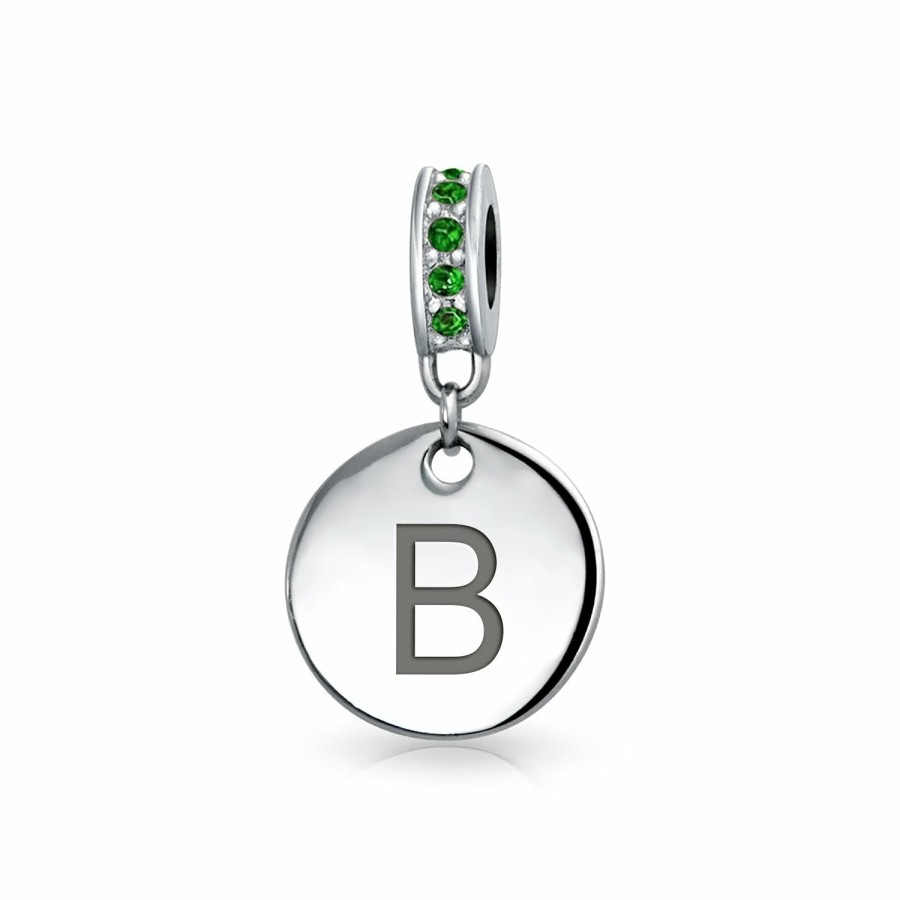 Shop Women Bling Jewelry Birthstone Beads | Green Crystal Alphabet Initials Disc Dangle Circle Charm .925 Silver