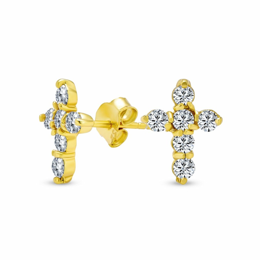 Shop Women Bling Jewelry Stud Earrings | Religious Petite Cross Cz Stud Earrings Gold Plated Sterling Silver