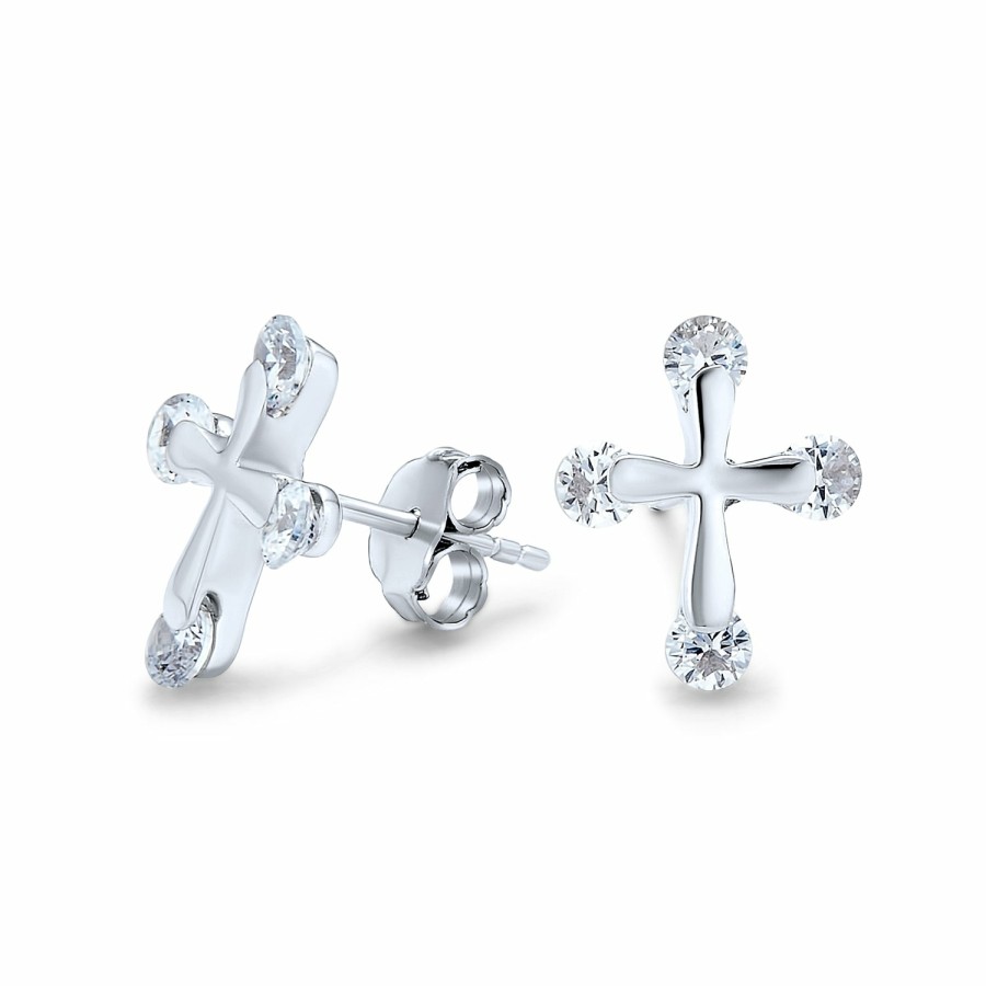 Shop Women Bling Jewelry Stud Earrings | Religious Petite Cross Cz Stud Earrings Gold Plated Sterling Silver