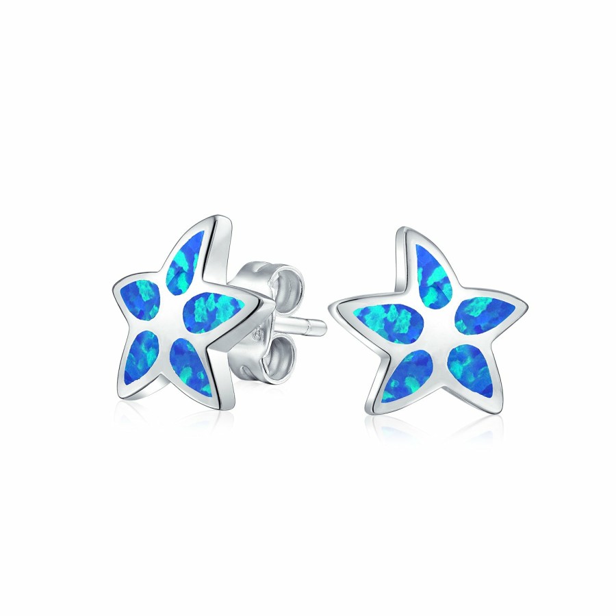 Shop Women Bling Jewelry Stud Earrings | Blue Created Opal Inlay Starfish Stud Earrings Sterling Silver