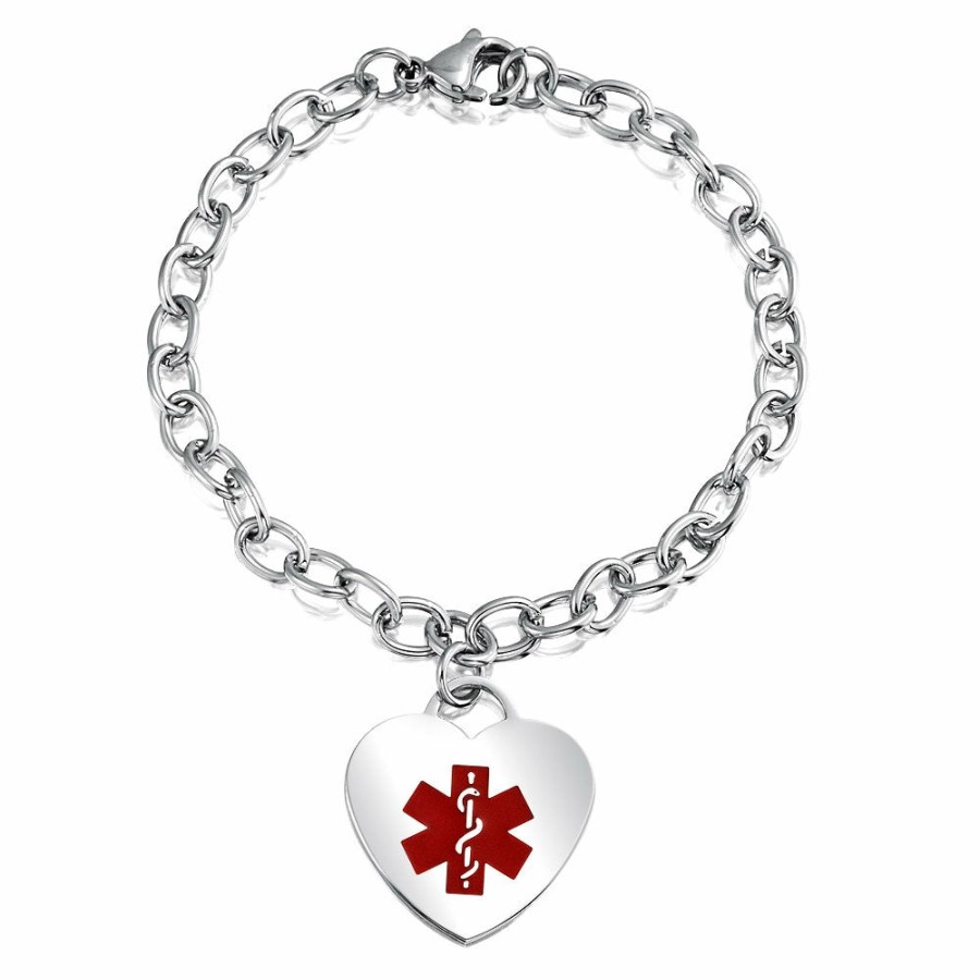 Shop Women Bling Jewelry Engravable Bracelets | Personalize Medical Alert Id Chain Link Heart Shape Charm Bracelet