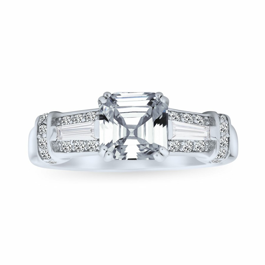 Shop Women Bling Jewelry Engravable Rings | 4Ct Cz Asscher Cut Engagement Ring Baguettes Band .925 Sterling