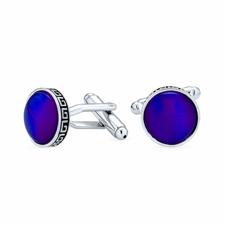 Shop Men Bling Jewelry Cufflinks | Greek Key Edge Glass Round Dome Shirt Cufflinks Silver Tone Steel Blue