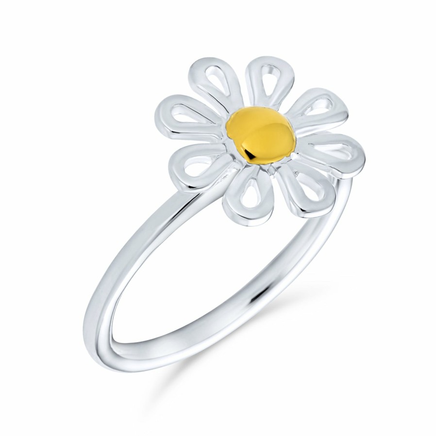 Shop Women Bling Jewelry Unique Rings | Delicate Simple Two Tone Flower Daisy Ring .925 Sterling Silver 1Mm