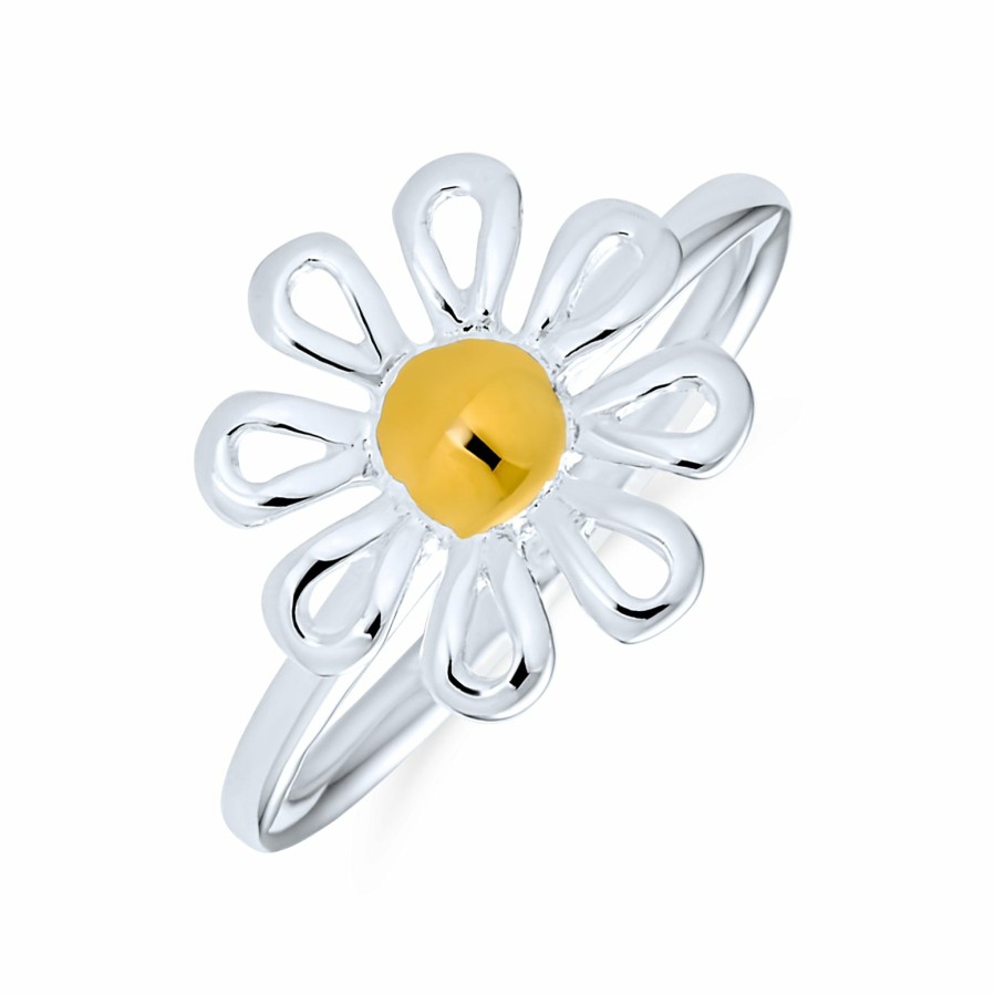 Shop Women Bling Jewelry Unique Rings | Delicate Simple Two Tone Flower Daisy Ring .925 Sterling Silver 1Mm