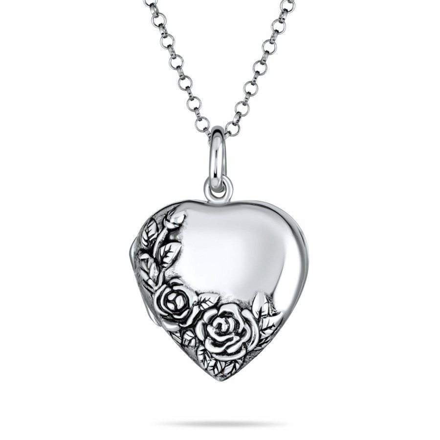 Shop Women Bling Jewelry Lockets | Carved Flower Roses Photo Heart Shape Locket Hold Pictures .925 Silver