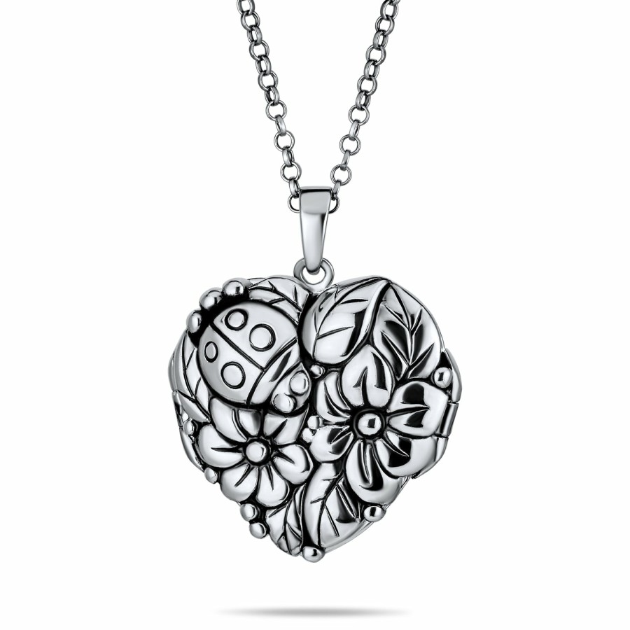 Shop Women Bling Jewelry Lockets | Carved Flower Roses Photo Heart Shape Locket Hold Pictures .925 Silver