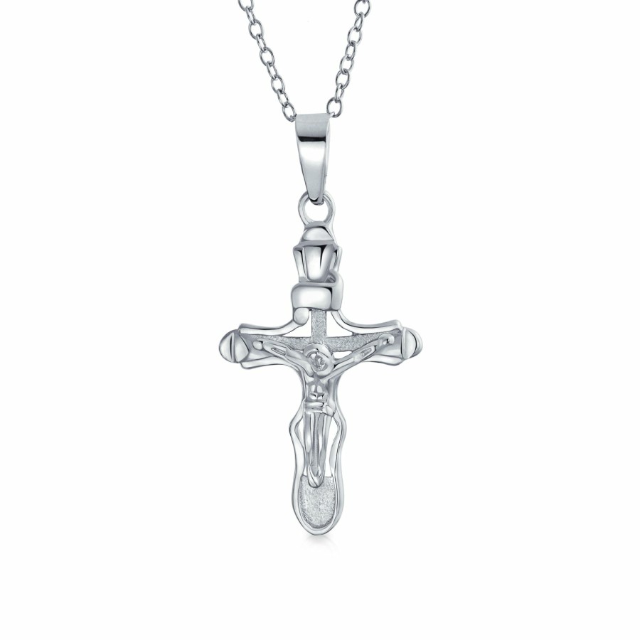 Shop Women Bling Jewelry Engravable Necklaces | Tradtional Unisex Religious Jesus Crucifix Cross Pendant Necklace .925 Silver