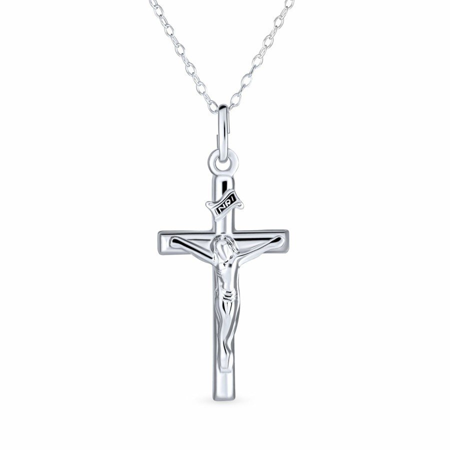 Shop Women Bling Jewelry Engravable Necklaces | Tradtional Unisex Religious Jesus Crucifix Cross Pendant Necklace .925 Silver