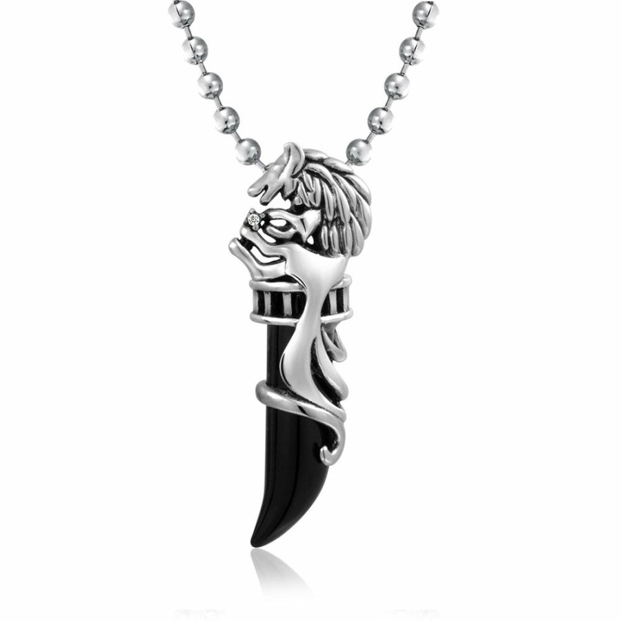 Shop Men Bling Jewelry Mens Pendants & Dog Tags | Large Animal Coin Signet Roaring Wolf Ring & Tooth Pendant Black Stainless Steel