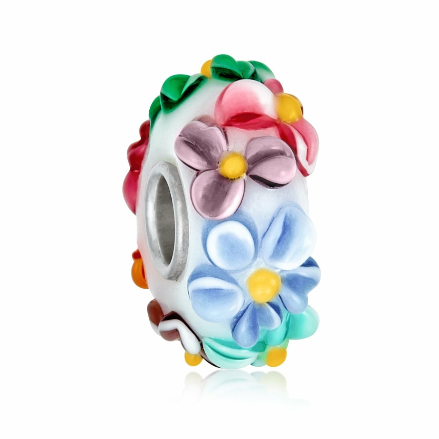 Shop Women Bling Jewelry Flower Beads | Flower 3D Lampwork Murano Glass Bead Charm Bundle .925 Sterling Silver