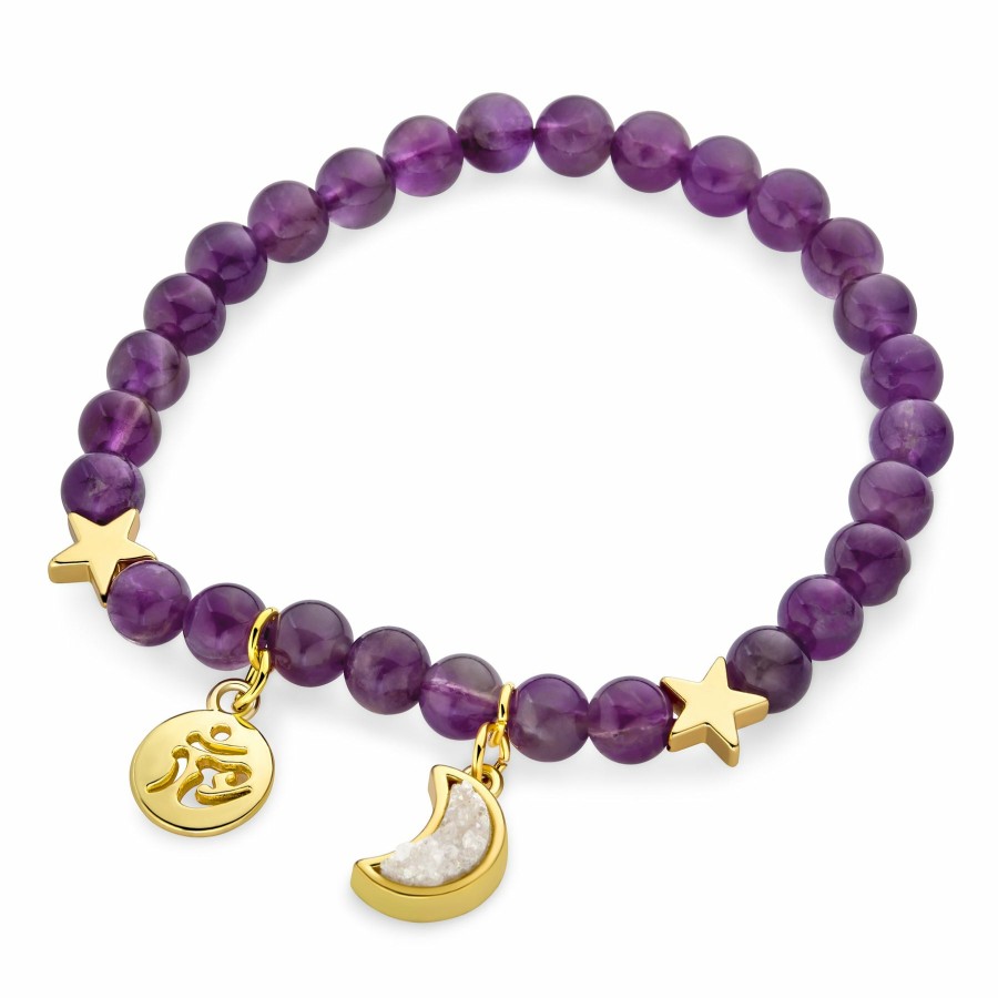 Shop Women Bling Jewelry Wrap Stretch Bracelets | Purple Amethyst Druzy Moon Stars Ohm Charm 6Mm Bead Stretch Bracelet