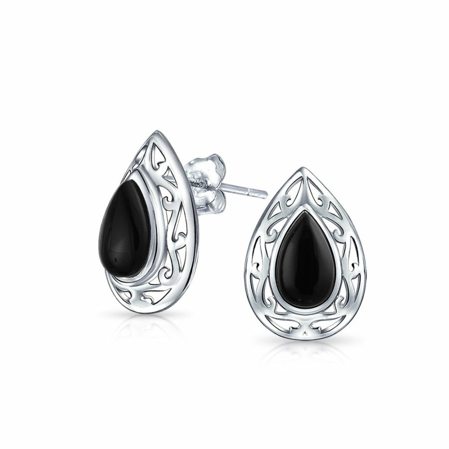 Shop Women Bling Jewelry Stud Earrings | Gemstone Onyx Lapis Teardrop Filigree Stud Earrings Silver