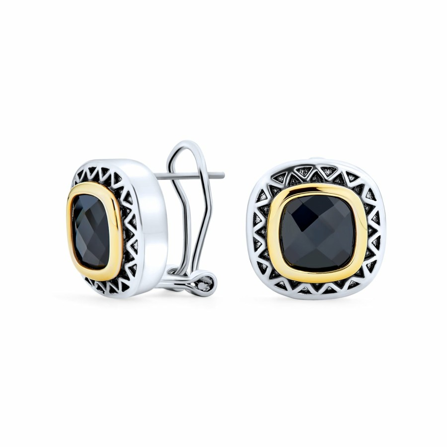 Shop Women Bling Jewelry Stud Earrings | Black Onyx Two Tone Square Cushion Omega Earrings Silver Gold Plated