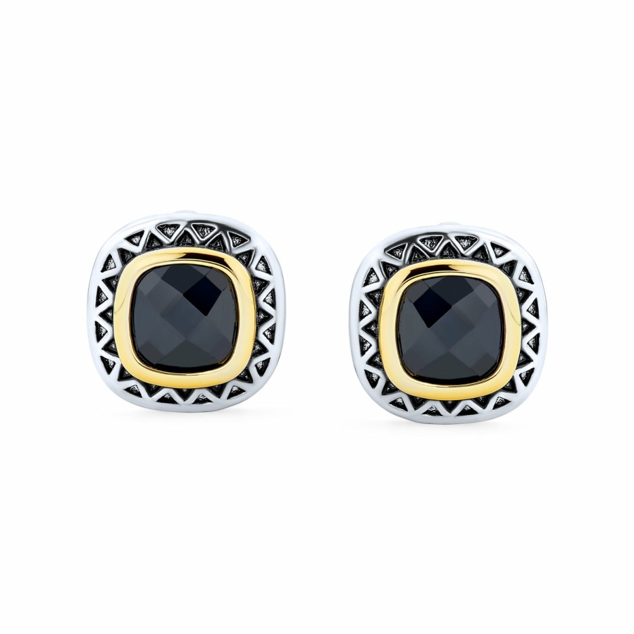 Shop Women Bling Jewelry Stud Earrings | Black Onyx Two Tone Square Cushion Omega Earrings Silver Gold Plated