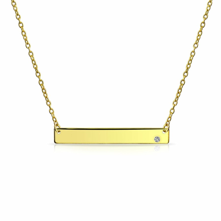 Shop Women Bling Jewelry Engravable Necklaces | Sideway Name Plated Bar Pendant Gold Plated Crystal Birthstone Colors