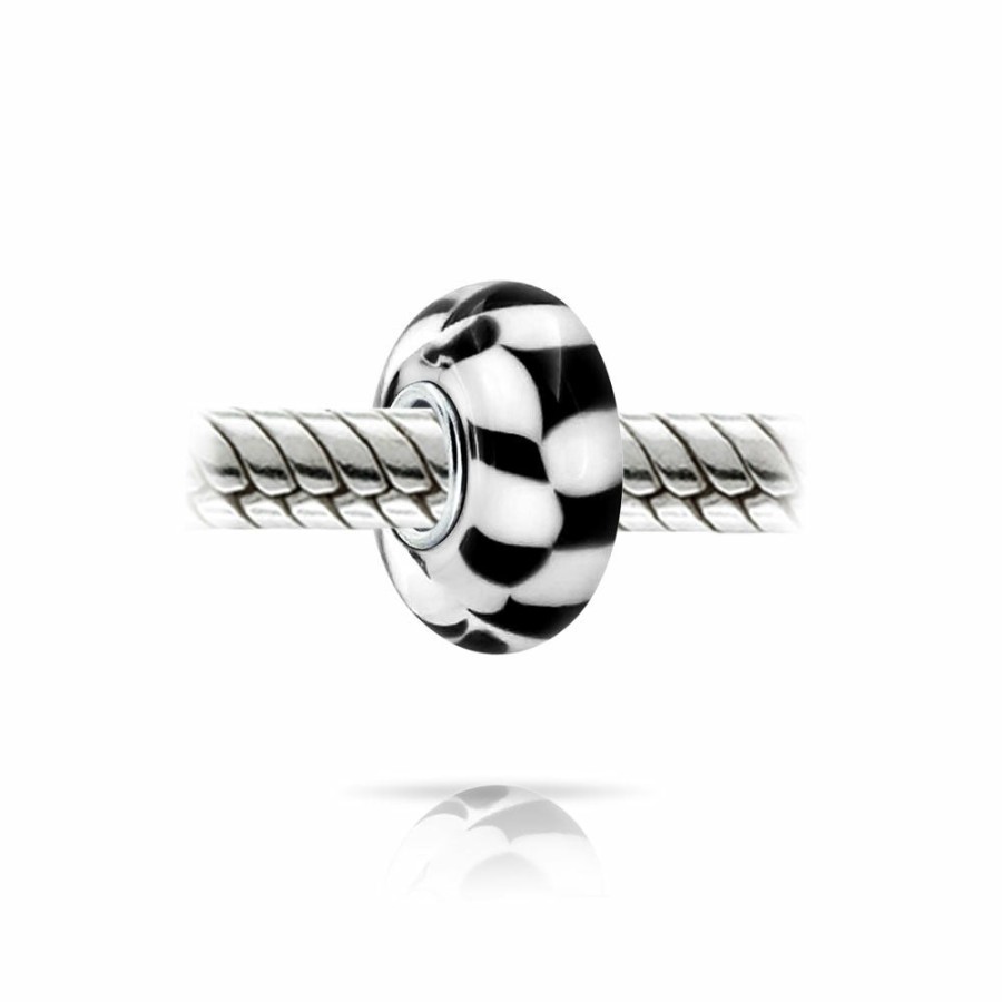 Shop Women Bling Jewelry Glass Crystal Beads | Black Checkerboard Murano Glass Bead Charm Spacer .925Sterling Silver