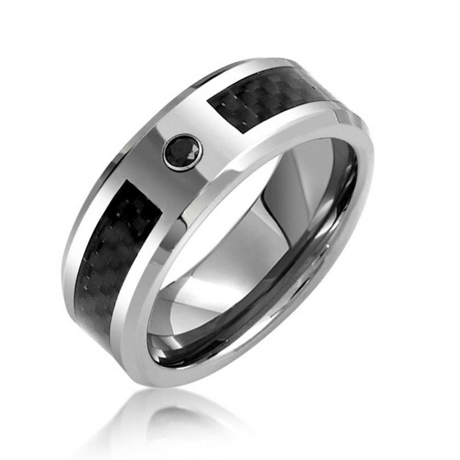 Shop Women Bling Jewelry Wedding Bands | .10Ct Black Cz Accent Carbon Fiber Wedding Band Titanium Ring Mens 8Mm