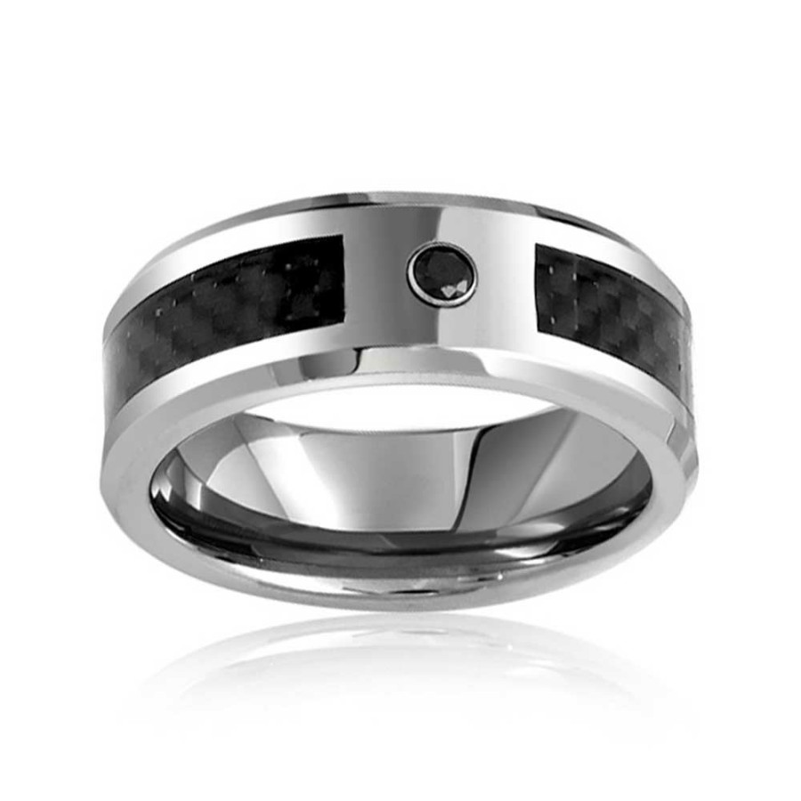 Shop Women Bling Jewelry Wedding Bands | .10Ct Black Cz Accent Carbon Fiber Wedding Band Titanium Ring Mens 8Mm