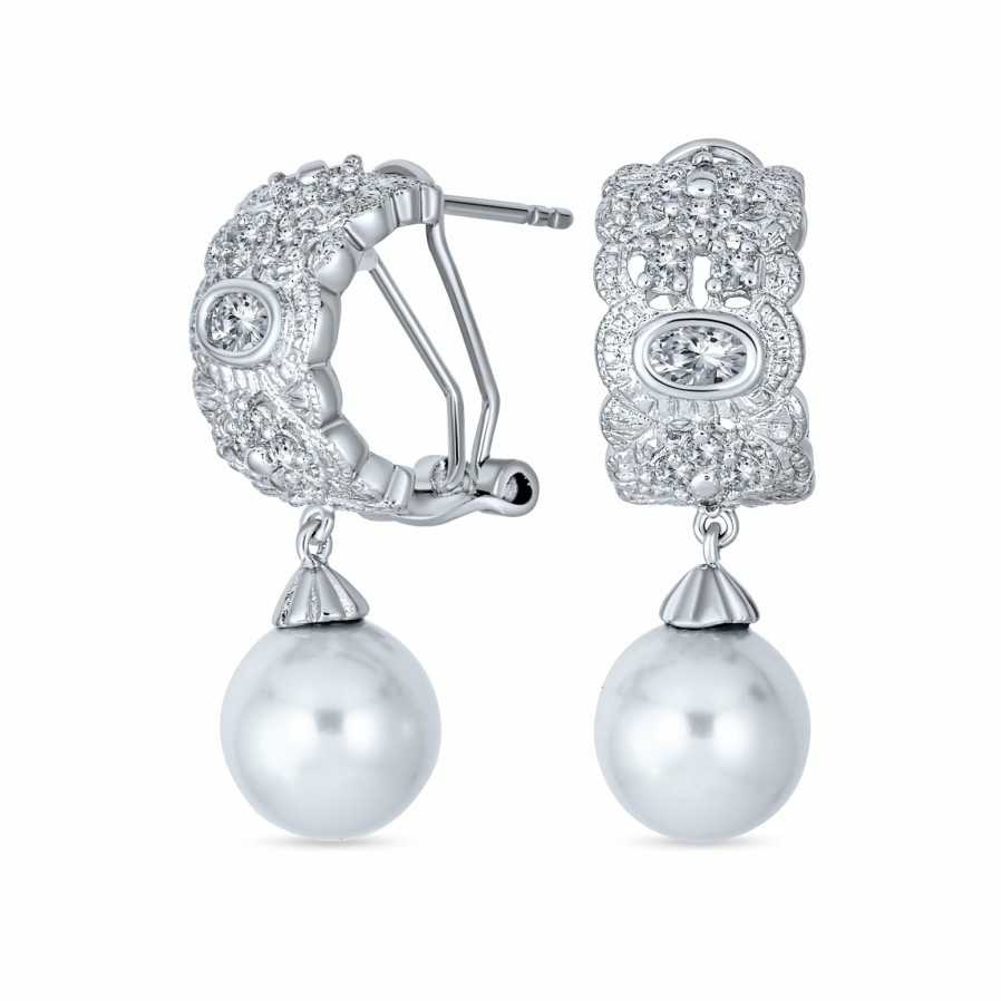 Shop Women Bling Jewelry Dangle Drop Earrings | Classic Bridal Pave Cz Half Hoop Ball Drop Glass Pearl Earrings