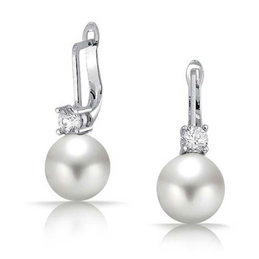 Shop Women Bling Jewelry Dangle Drop Earrings | Classic Bridal Pave Cz Half Hoop Ball Drop Glass Pearl Earrings