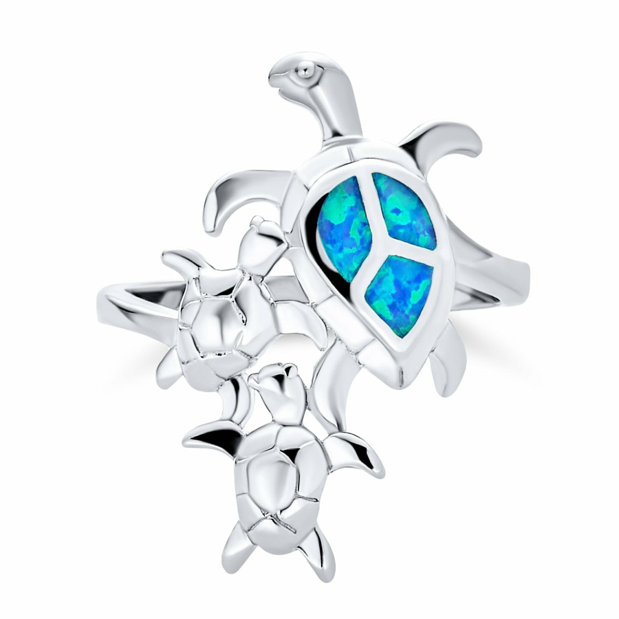 Shop Women Bling Jewelry Engravable Rings | Created Opal Inlay Family Sea Turtle Ring .925 Sterling