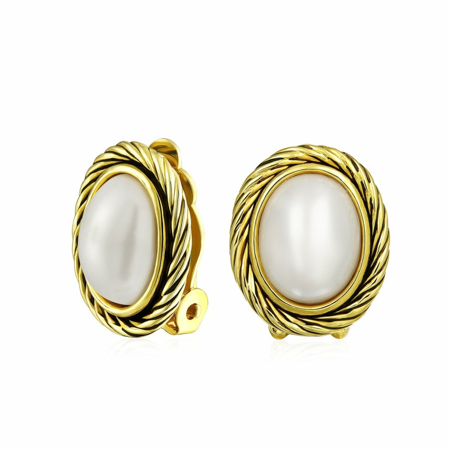 Shop Women Bling Jewelry Clip On Earrings | Oval White Imitation Clip-On Earrings Ears Gold Plated Brass