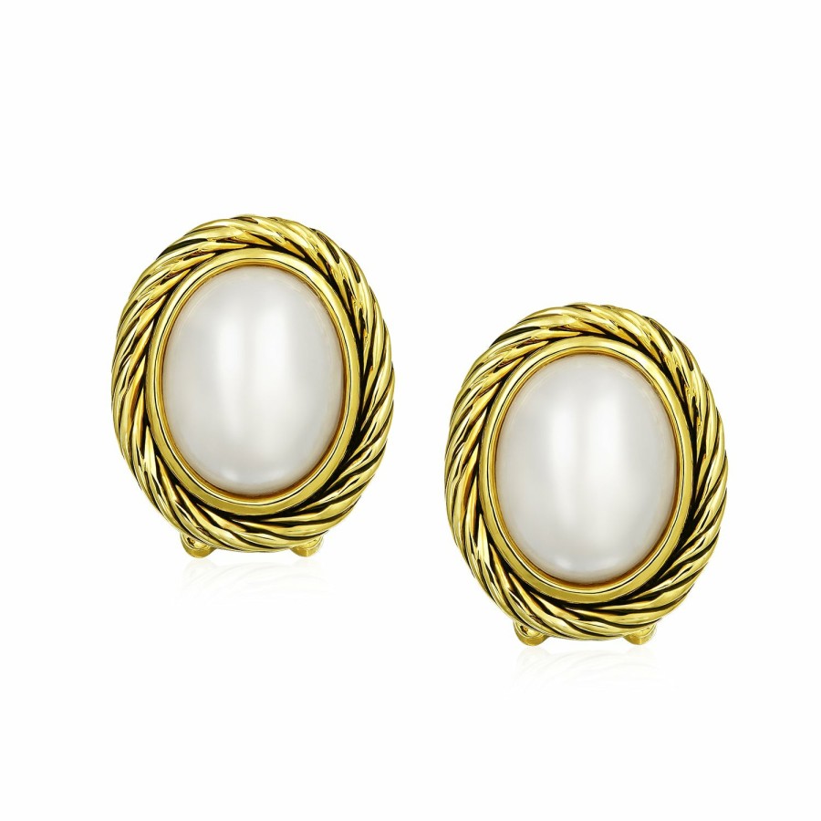 Shop Women Bling Jewelry Clip On Earrings | Oval White Imitation Clip-On Earrings Ears Gold Plated Brass