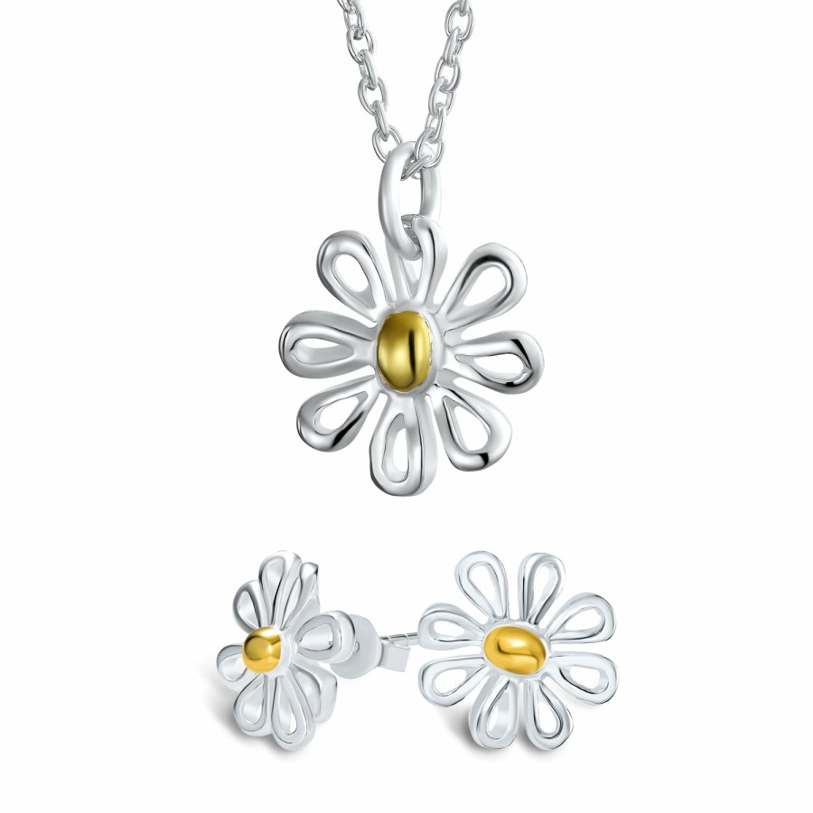 Shop Women Bling Jewelry | 2-Tone Sunflower Daisy Jewelry Flower Earrings Bracelet Pendant Silver