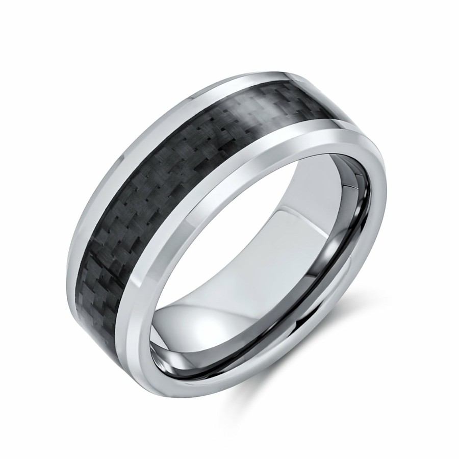 Shop Men Bling Jewelry Mens Engravable Rings | Geometric Blue Cobalt Carbon Fiber Inlay Titanium Wedding Band Rings