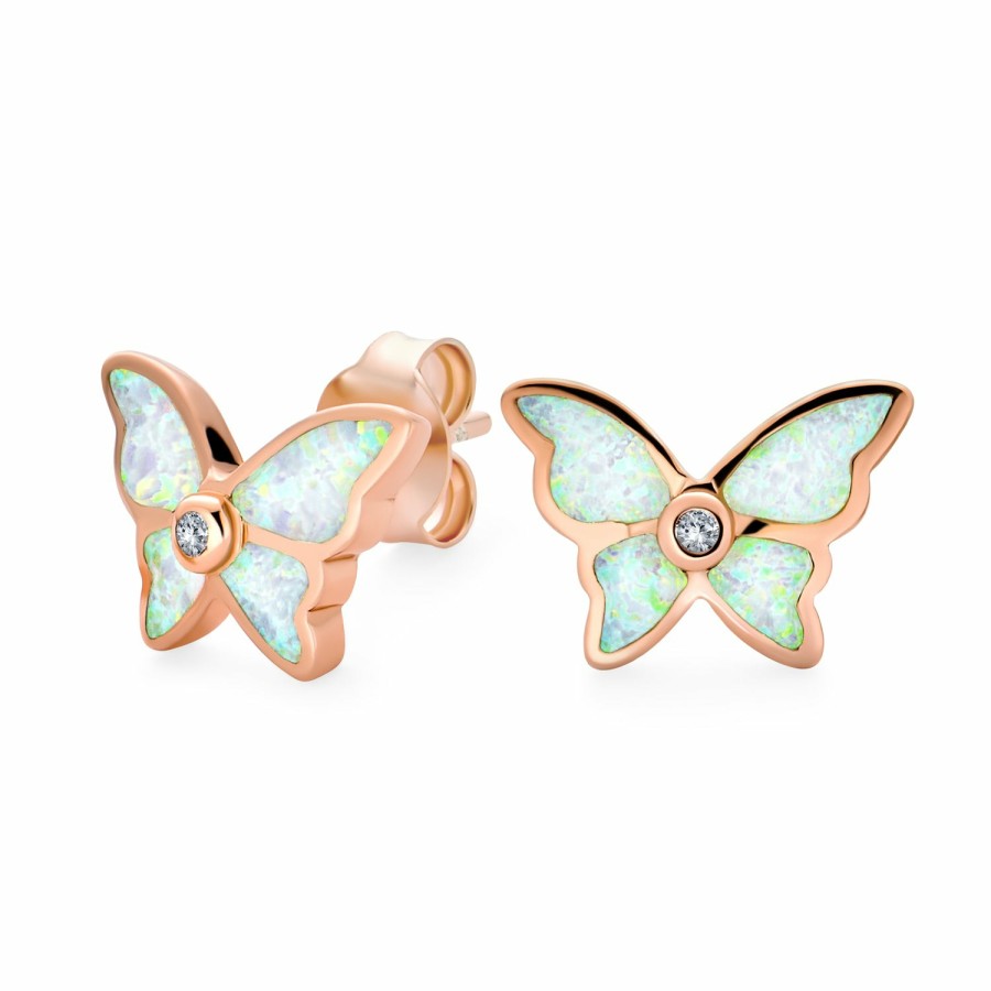 Shop Women Bling Jewelry | White Created Opal Butterfly Stud Earrings Rose Gold Plated .925 Silver