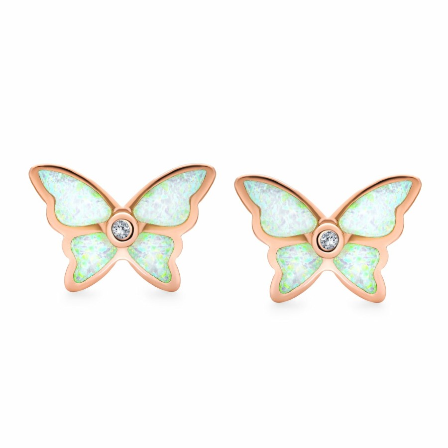 Shop Women Bling Jewelry | White Created Opal Butterfly Stud Earrings Rose Gold Plated .925 Silver