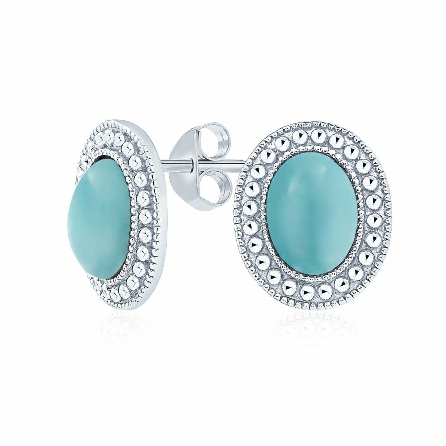 Shop Women Bling Jewelry Stud Earrings | Blue Gemstone Turquoise Bead Halo Oval Stud Earrings Sterling Silver