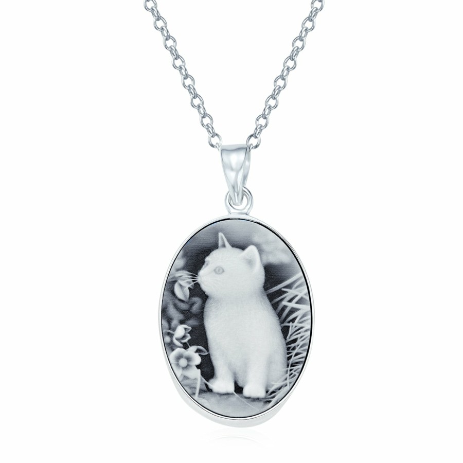 Shop Women Bling Jewelry | Vintage Style Black Kitten Cat Cameo Necklace Sterling Silver