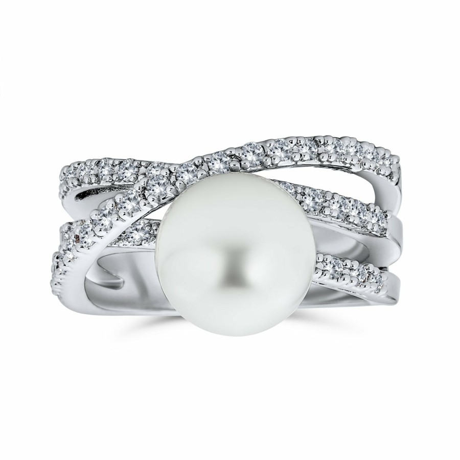 Shop Women Bling Jewelry Statement Cocktail Rings | Criss Cross Pave Cz Solitaire White Imitation Pearl Statement Ring