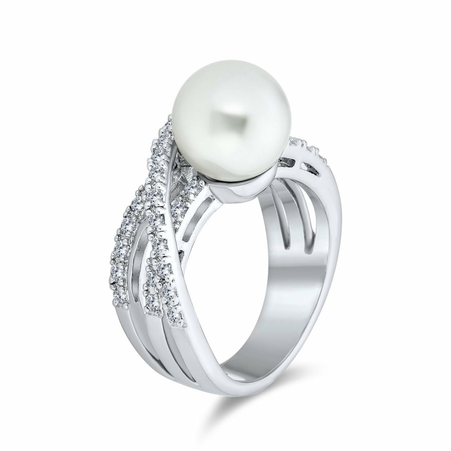 Shop Women Bling Jewelry Statement Cocktail Rings | Criss Cross Pave Cz Solitaire White Imitation Pearl Statement Ring