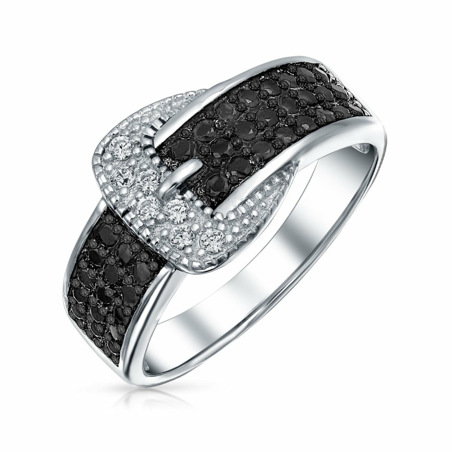 Shop Women Bling Jewelry Engravable Rings | Trendy Fashion Pave Black Cz Belt Buckle Band Ring .925 Sterling Silver