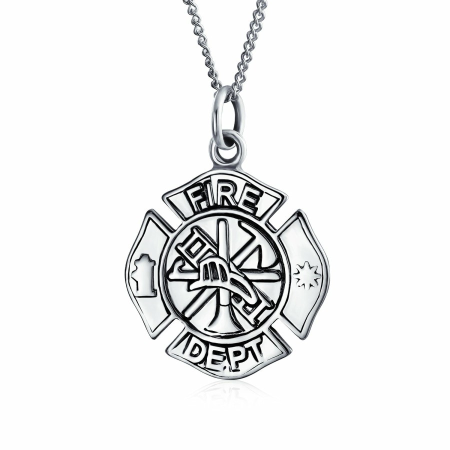 Shop Men Bling Jewelry Mens Pendants & Dog Tags | Firefighter Fire Shield Medallion Cross Pendant .925 Sterling Silver